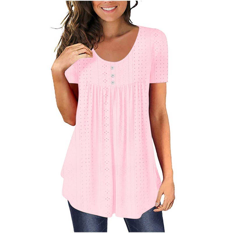 Crew-neck pleated button solid color ripped shirt