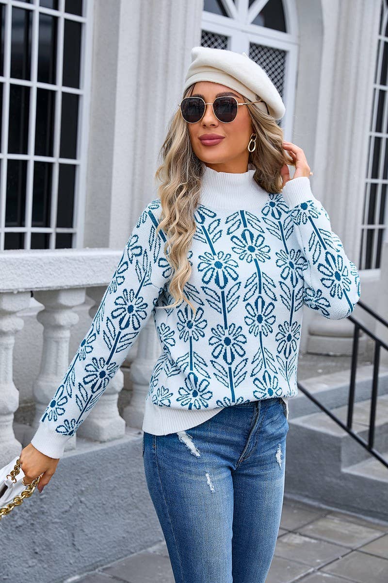 CWOSWL3108_CASUAL TURTLENECK PULLOVER FLORAL KNITTED SWEATER