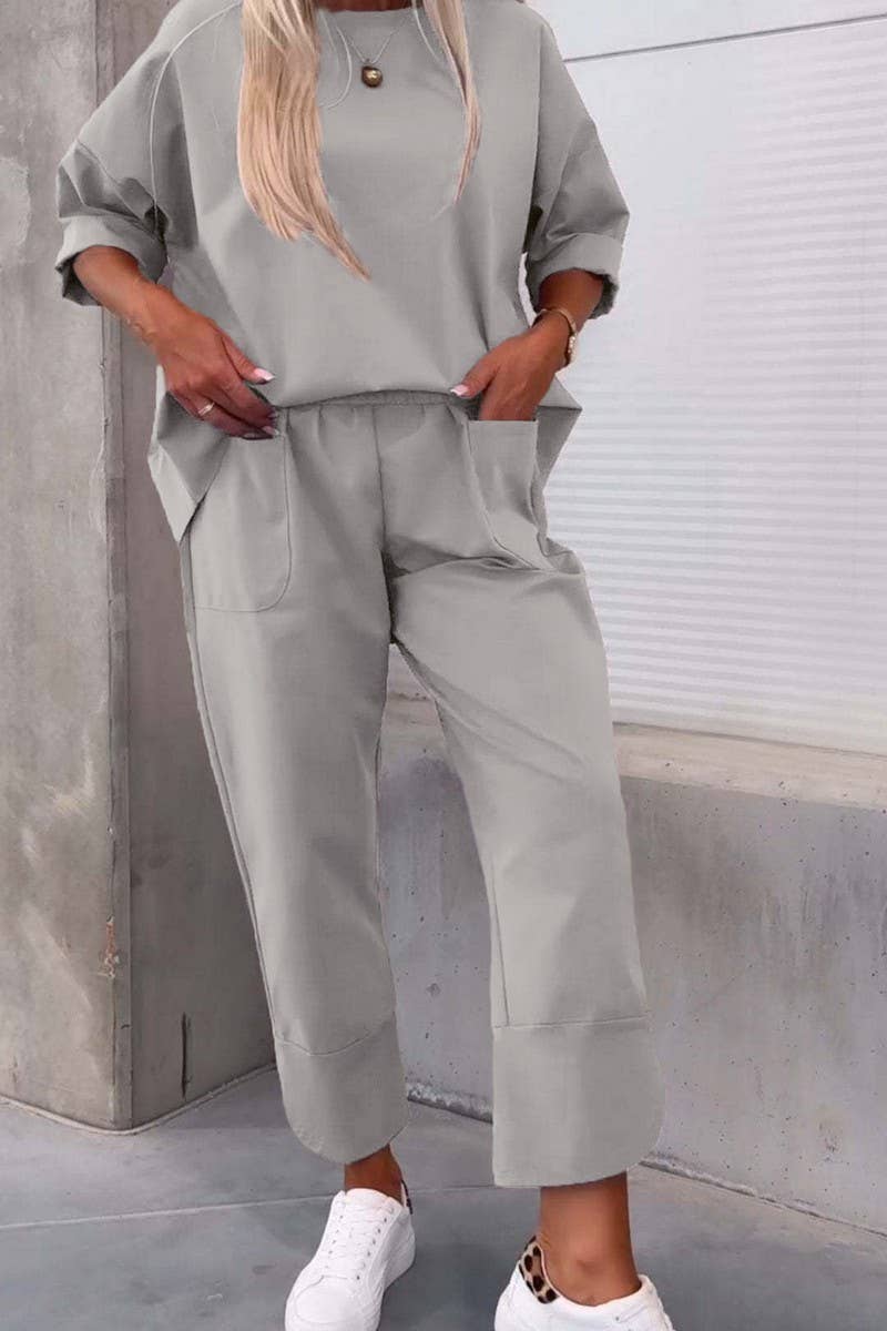 CWSTB1415_SOLID COLOR ROUND NECK LONG SLEEVE TROUSERS SUIT