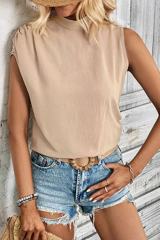 CWTBLSL0886_APRICOT RUCHED SHORT SLEEVE MOCK NECK TOP