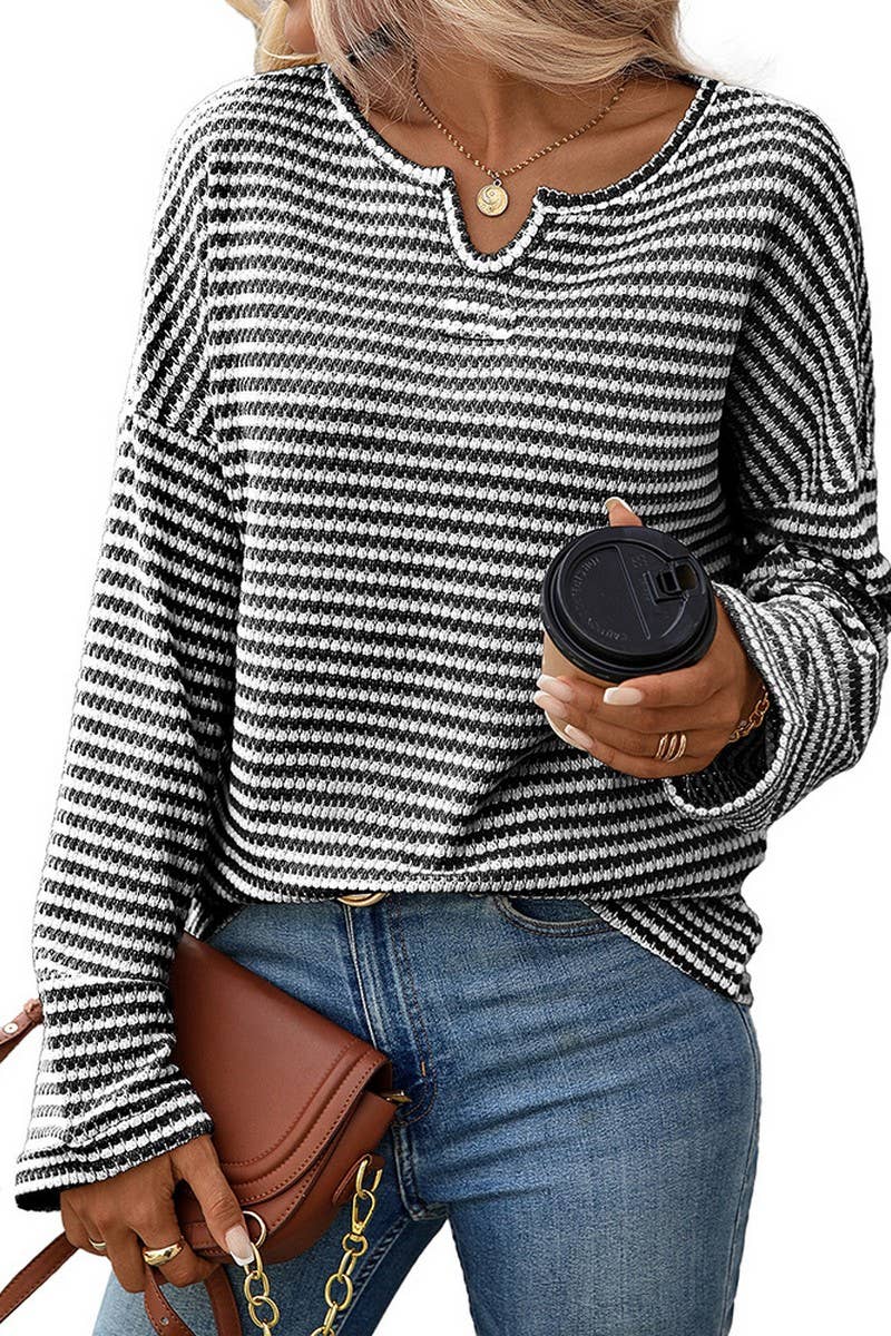 CWOSWL07716_STRIPED WAFFLE KNIT TOP WOMEN CASUAL LONG SLEEVE