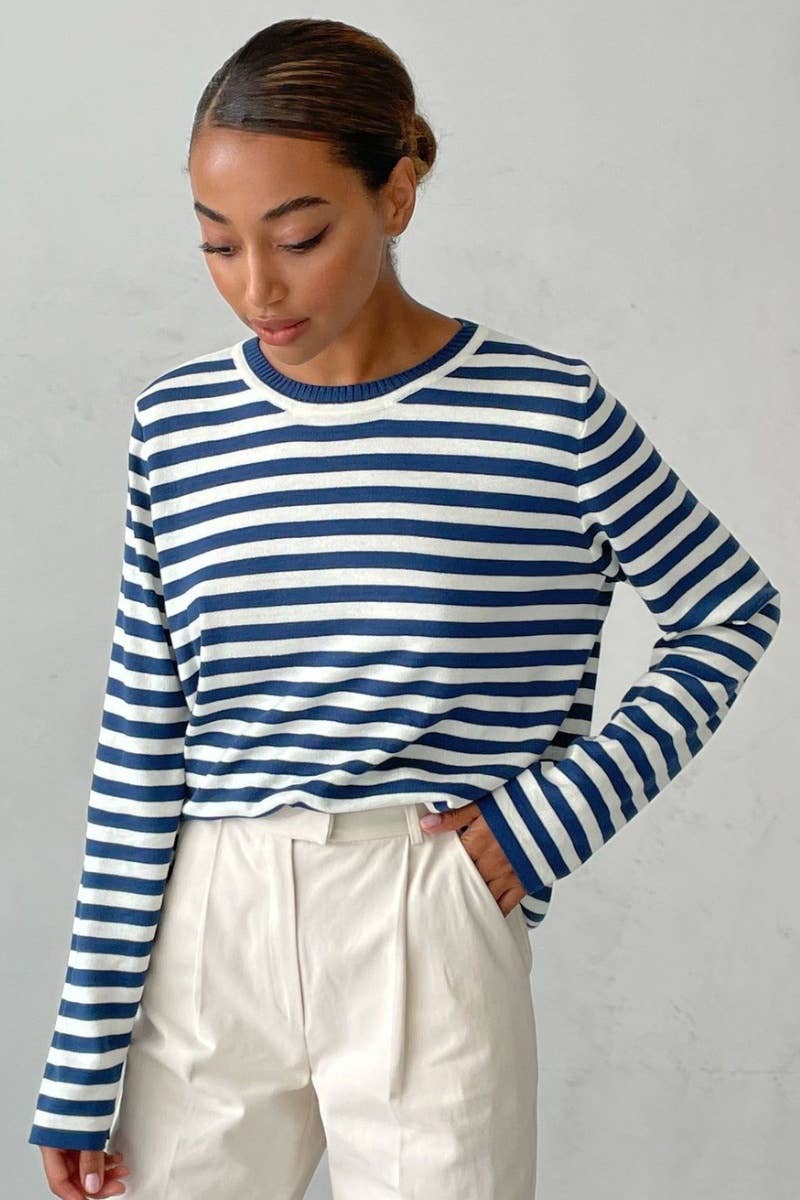 CWTBLL2962_CLASSIC CREW-NECK STRIPED LONG-SLEEVED SWEATER