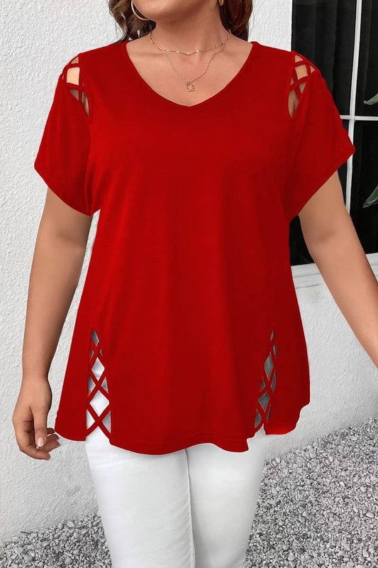 CWTBLS2188_SOLID V-NECK CRISSCROSS SHORT SLEEVE T-SHIRT