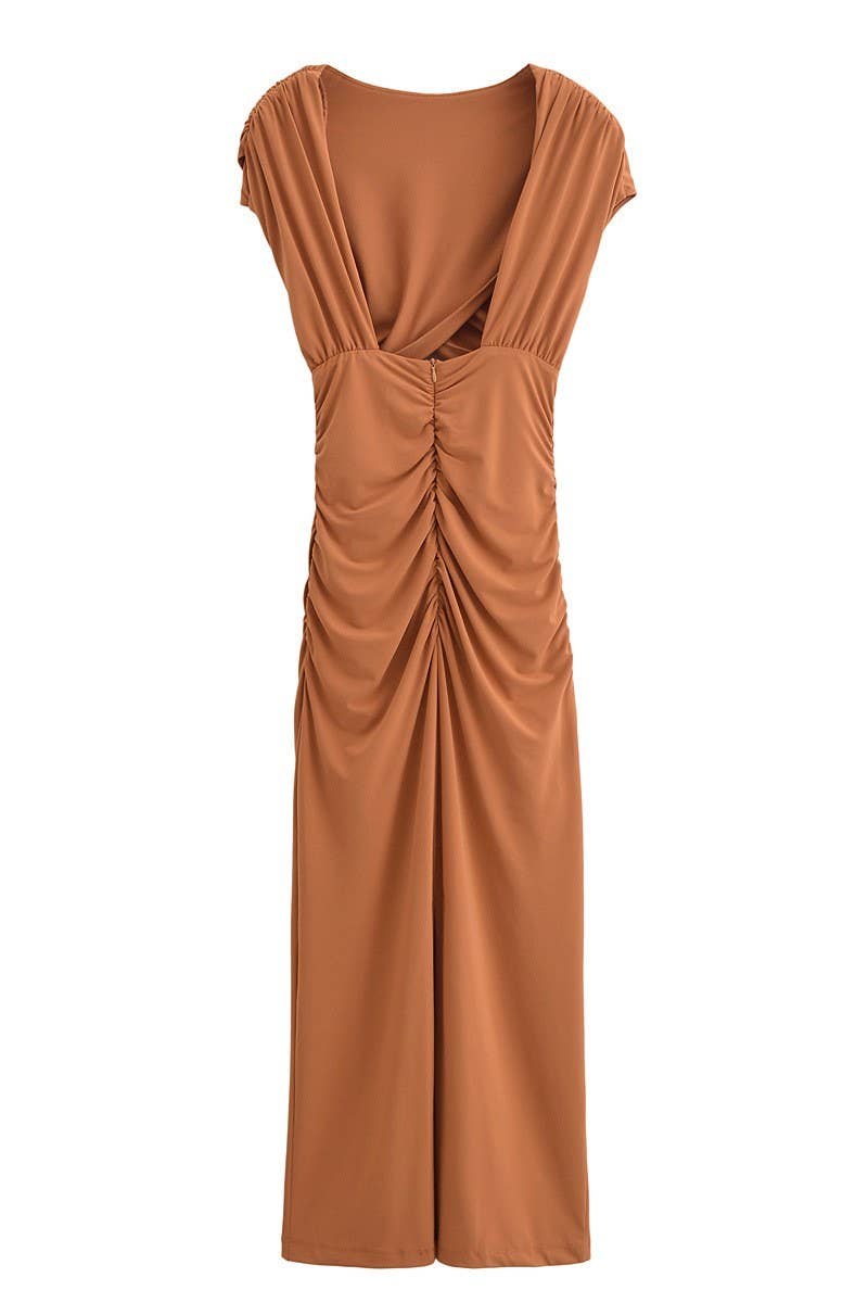 CWDMD4192_SOLID COLOR PLEATED HOLLOW BACKLESS DRESS