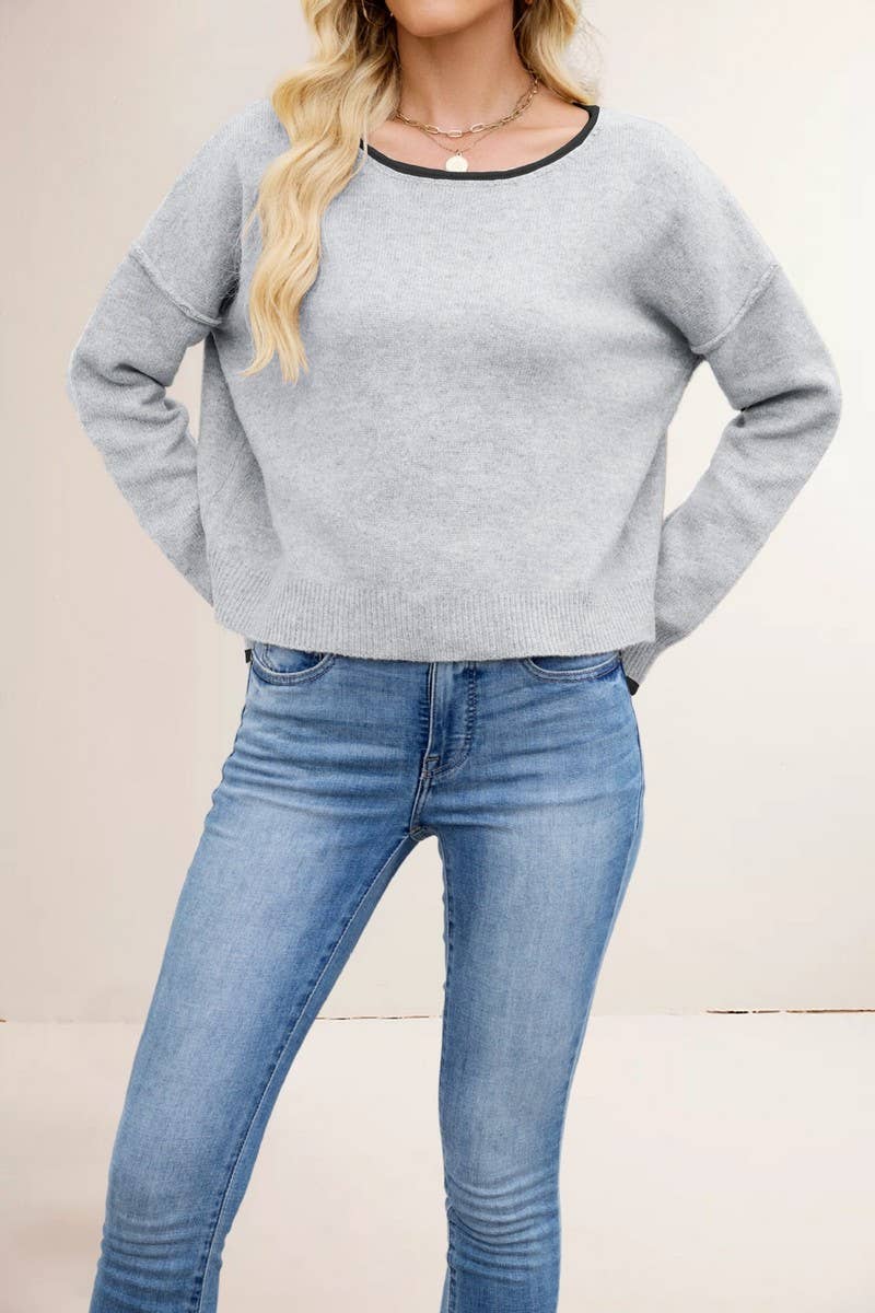 CWOSWL7019_ROUND NECK COLORBLOCK LOOSE PULLOVER SWEATER