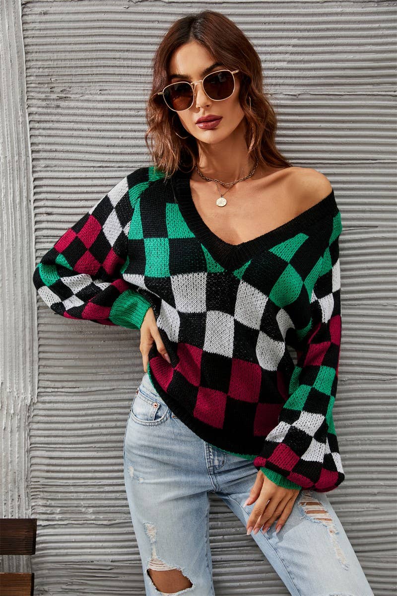 CWOSWL3174_V-NECK PLAID CONTRAST KNITTED PULLOVER SWEATER