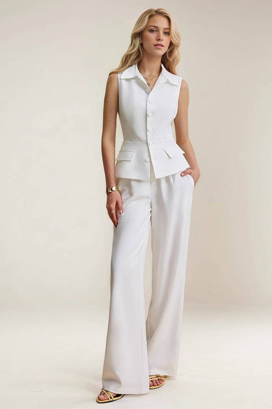 CWSTB2155_SLEEVELESS LAPEL VEST & WIDE-LEG PANTS SET