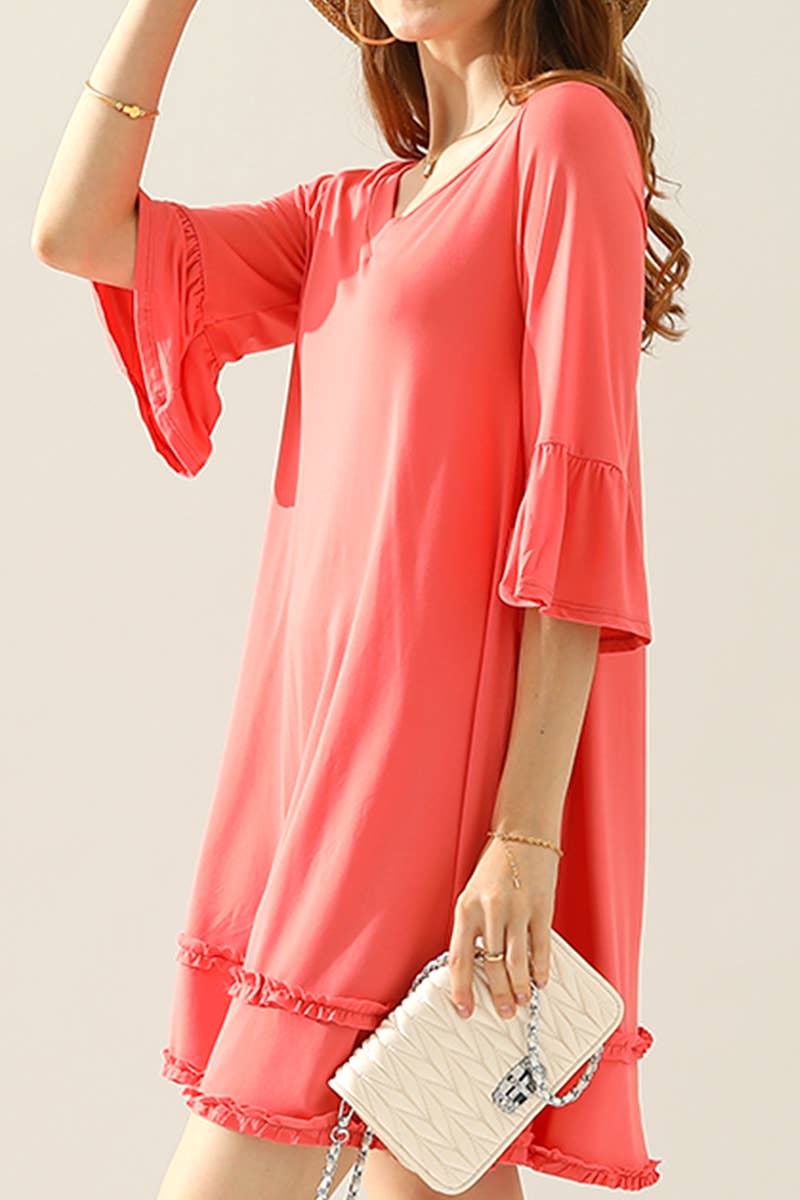 CWDSD10355_SMALL RUFFLE DETAILS 3/4 SLEEVE TIERED DRESS