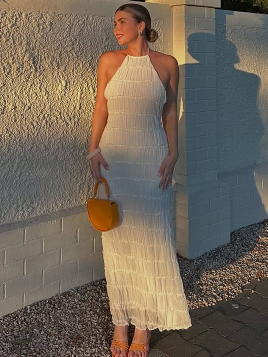 Backless pleated striped personalized dress