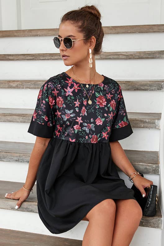 CREW NECK PRINT PATCHWORK LOOSE SHORT DRESS
