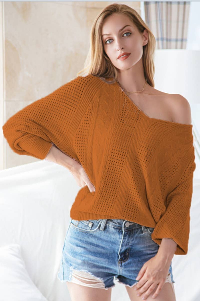CWOSWL6652_SOLID COLOR HOLLOW LONG-SLEEVED SWEATER
