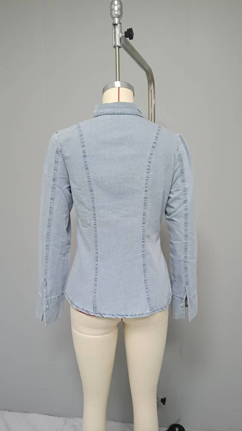 DESIGN LACE-UP LONG SLEEVE SLIT WAIST DENIM SHIRT