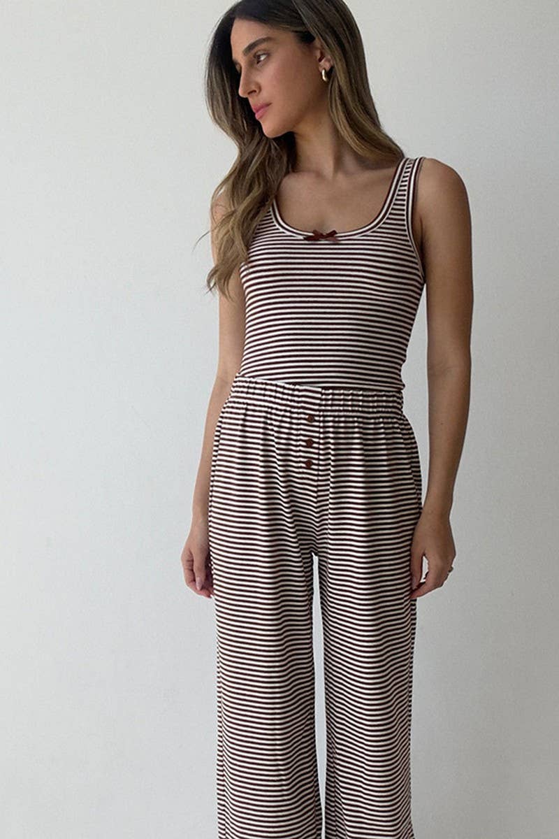 CWSPJ452_STRIPED RUFFLED TWO-PIECE PAJAMAS HOME CLOTHES