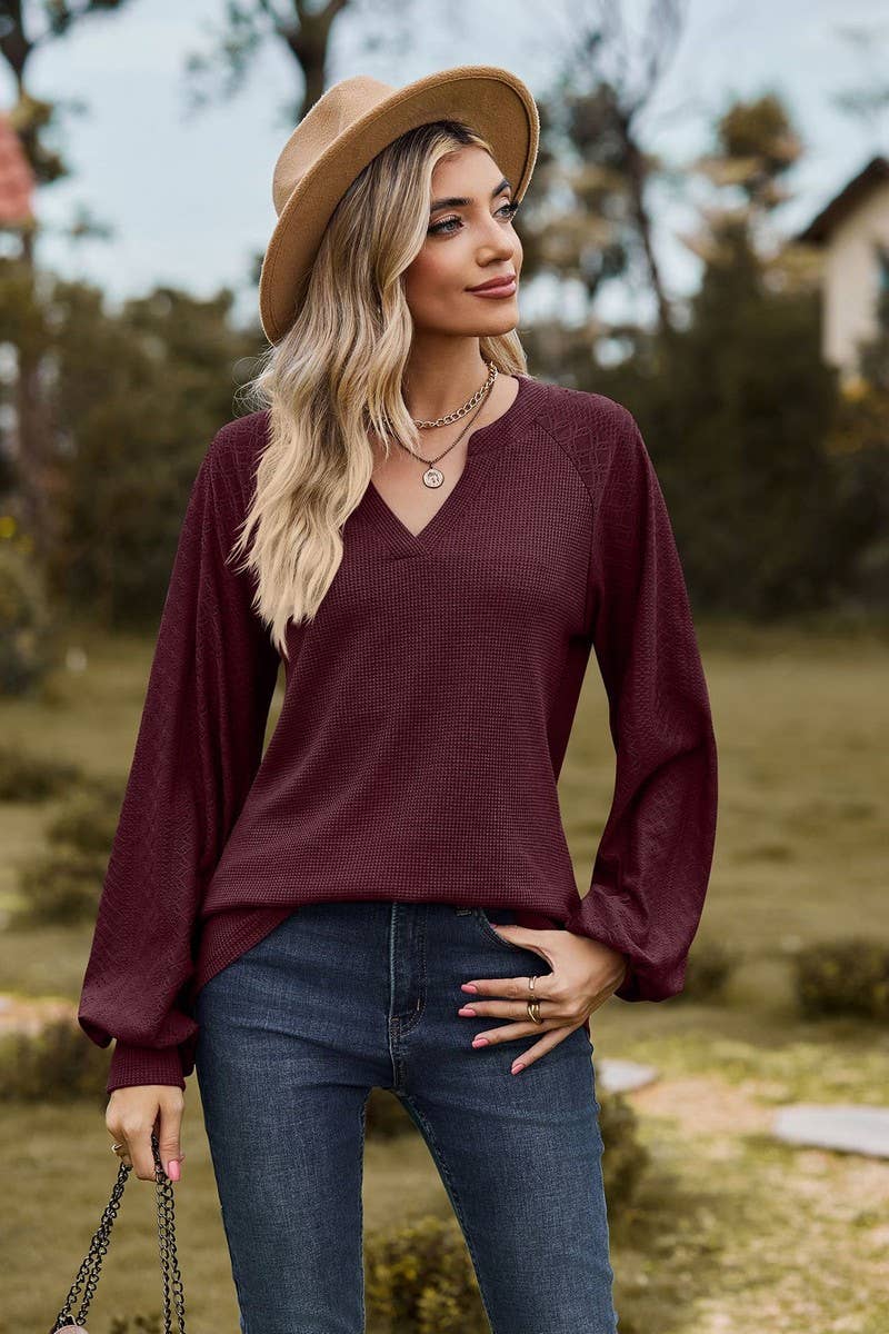 CWTBLL01313_V NECK WAFFLE KNIT SOLID LONG SLEEVE LOOSE TEE