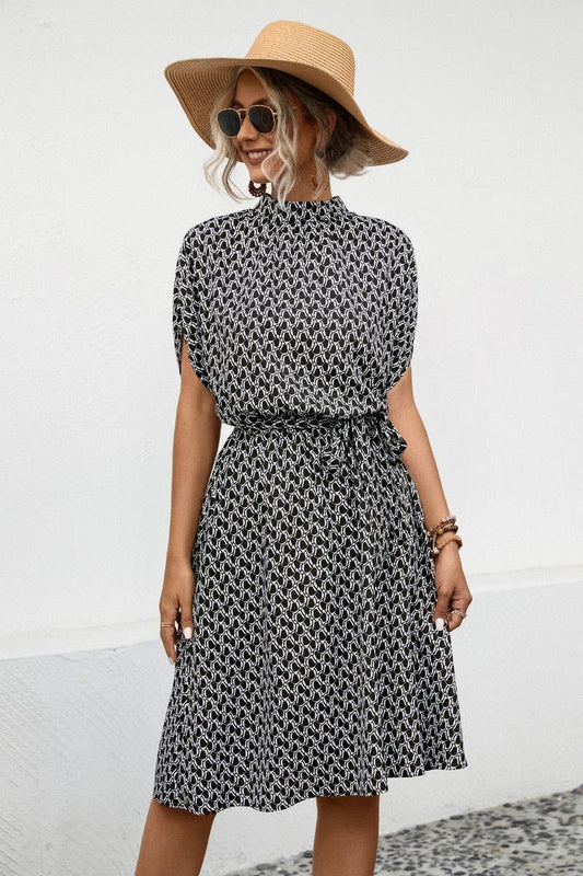 CWDSD4877_ROUND NECK PRINTED BATWING SLEEVE DRESS