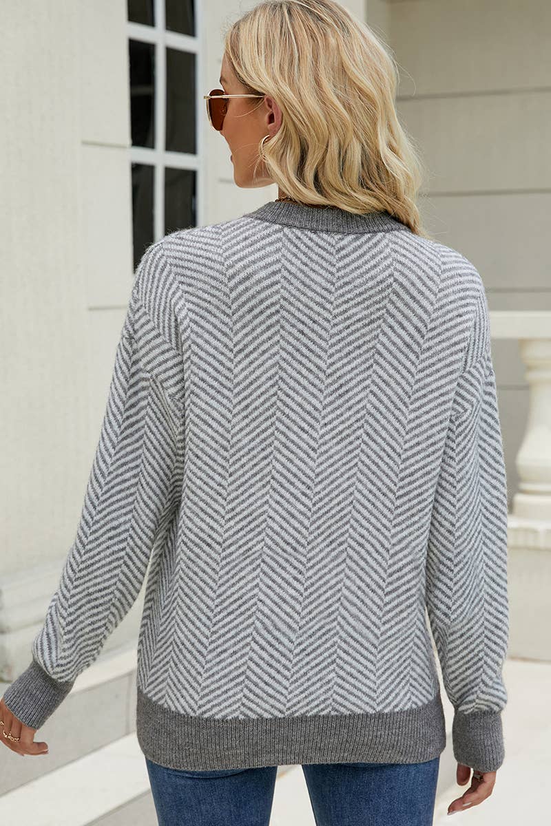 CWTTL1074 Striped Round Neck Knitted Panel Pullover Sweater