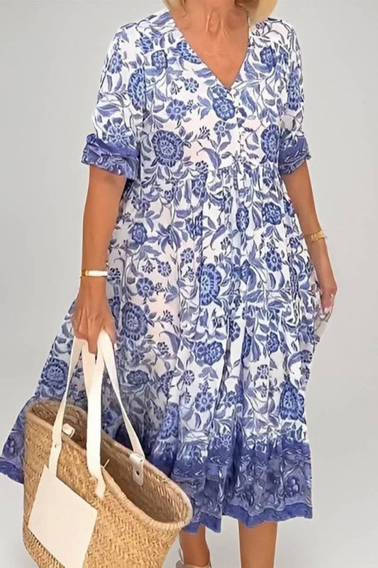 CWDSD10560_ELEGANT LONG FLORAL TIE-DYE PRINT DRESS