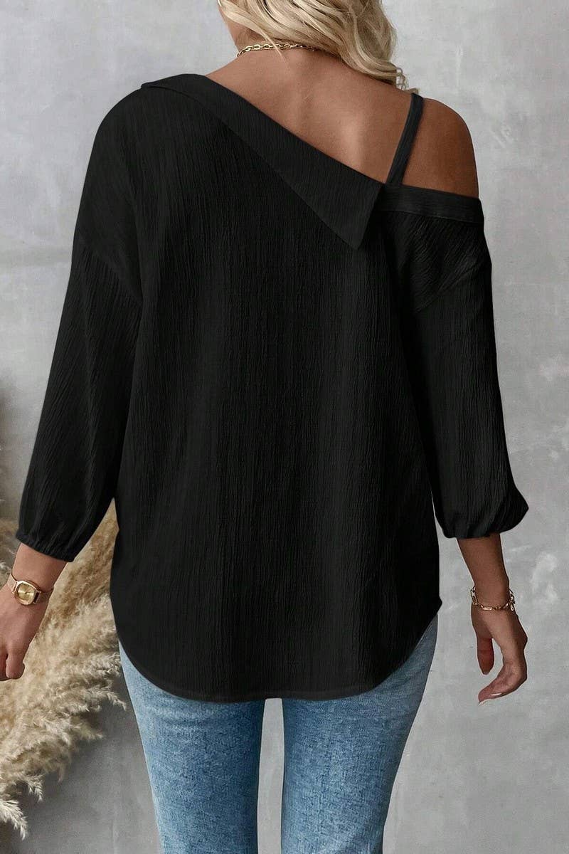 CWTSTL2794_LAPEL OFF-SHOULDER TEXTURED SINGLE-BREASTED SHIRT