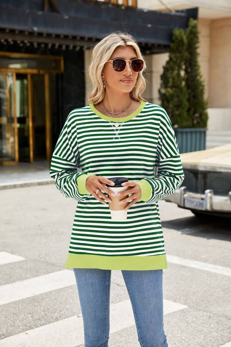 CWTBLL3746_CONTRAST COLOR SLIT LOOSE STRIPED SWEATSHIRT
