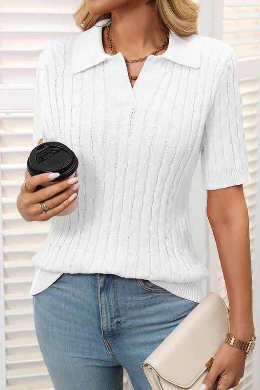 CWOSWS0127_V-NECK LAPEL CABLE-KNIT SHORT-SLEEVED PULLOVER