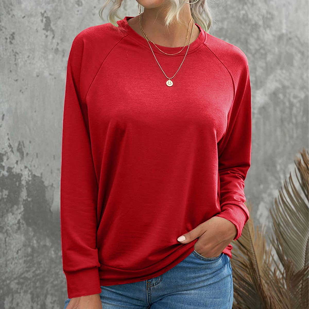 CREW NECK LOOSE SHOULDER SOLID COLOR HOODIE