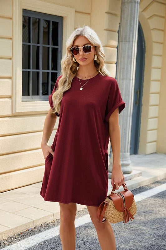 CWDSD4078_SOLID COLOR CREW NECK POCKET SHORT SLEEVE DRESS