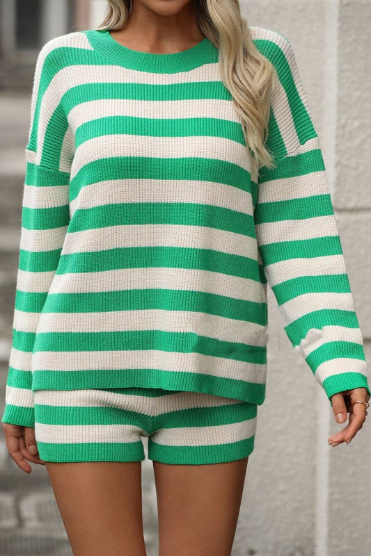 CWSS0944_CREWNECK STRIPED LONG-SLEEVED SWEATER SHORTS SUIT