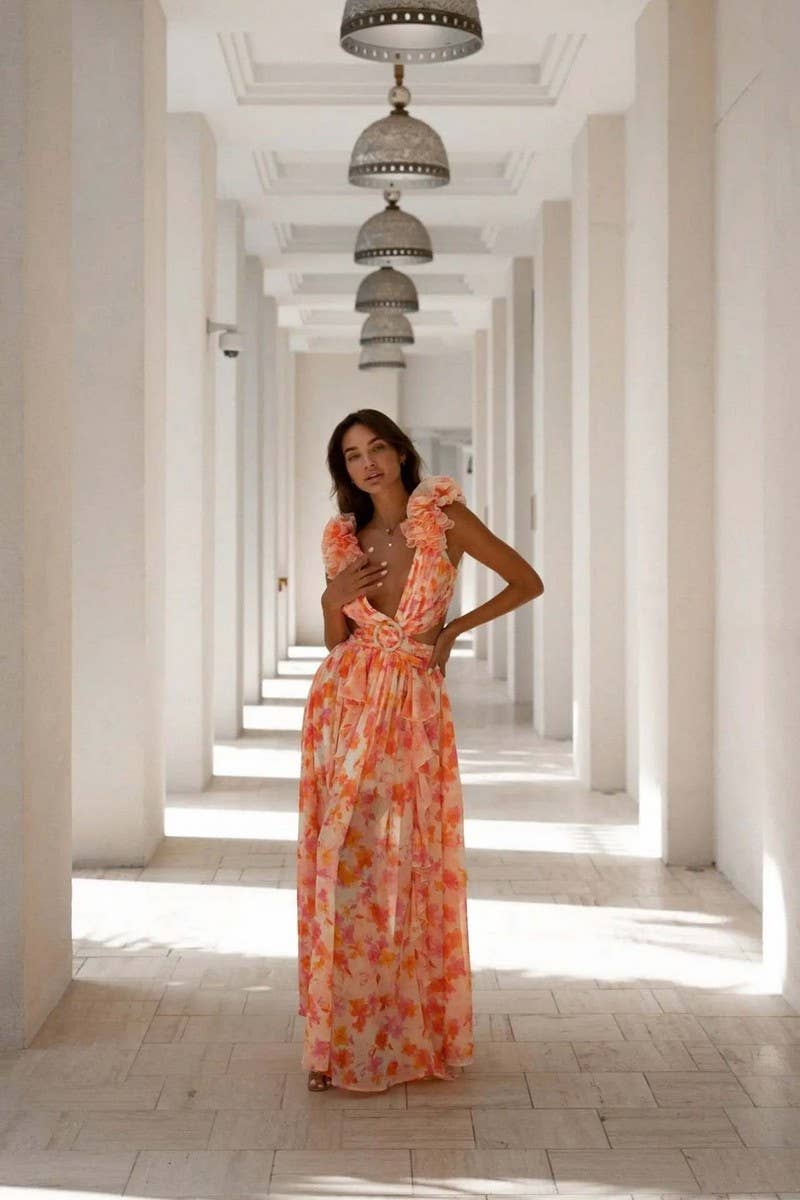 CWDMD5618_VACATION FLORAL CUTOUT DEEP V BACKLESS MAXI DRESS