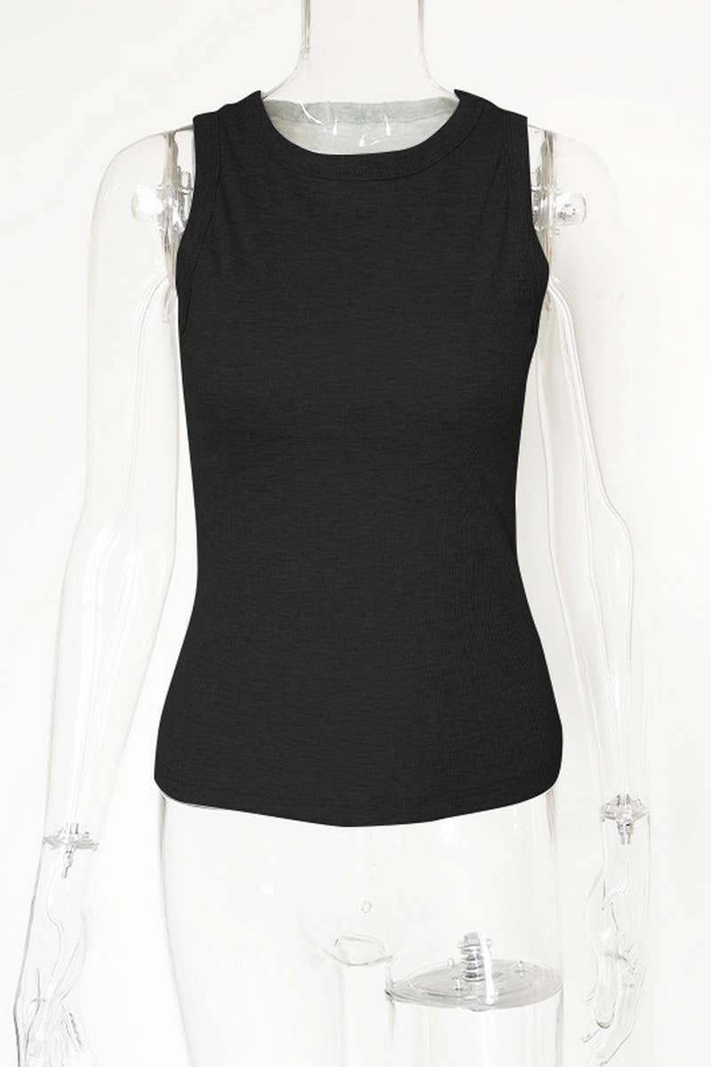 CWTTK0838_SOLID COLOR CREW NECK KNIT RIBBED VEST TOP