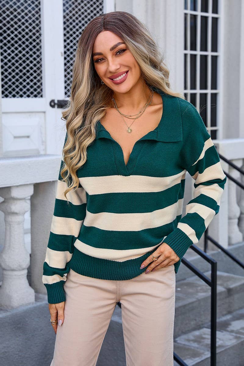 CWOSWL3104_STRIPED POLO COLLAR PULLOVER SWEATER