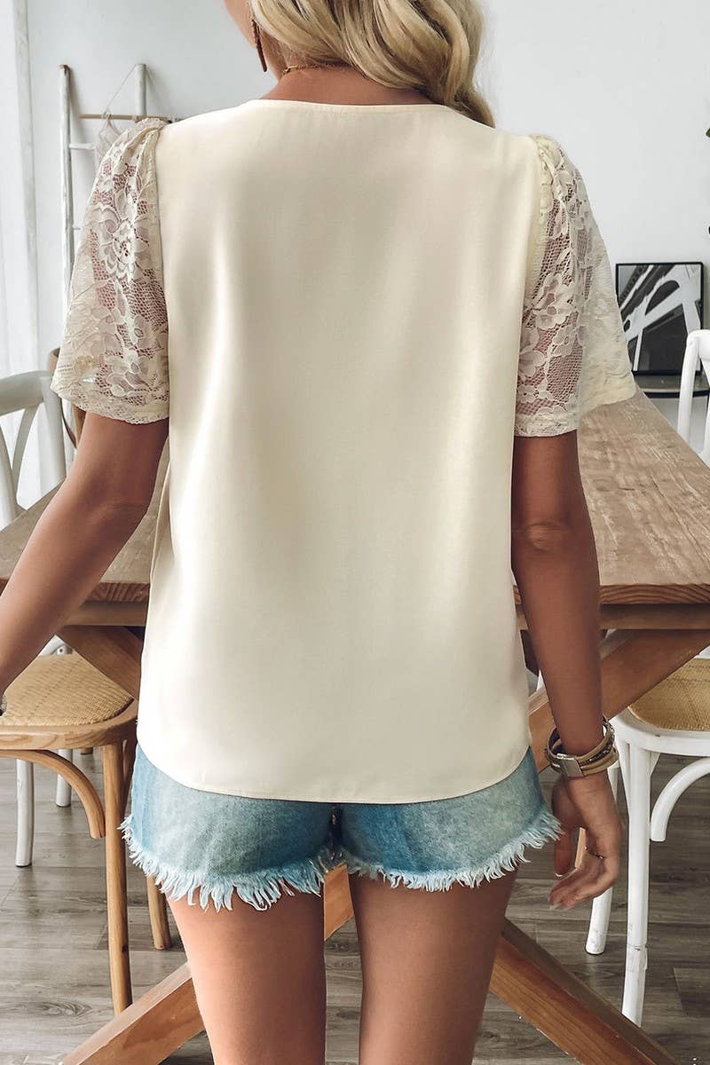 CWTBLS1860_SOLID COLOR CASUAL V-NECK LACE TOP