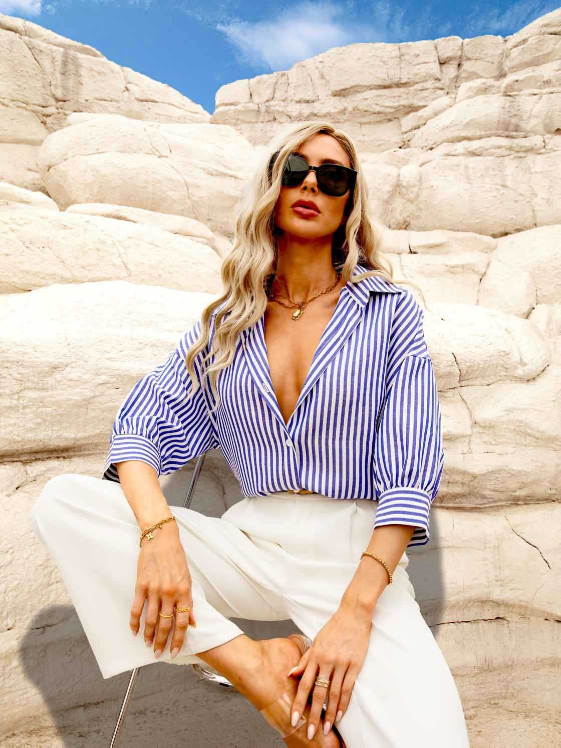 CASUAL HARBOR STYLE LAPEL MID-SLEEVE STRIPE SHIRT