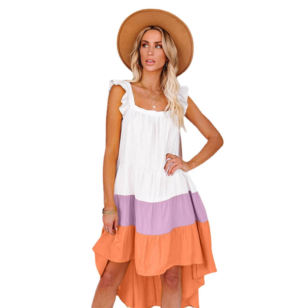 Bohemian-style two-tone square neck halter dress