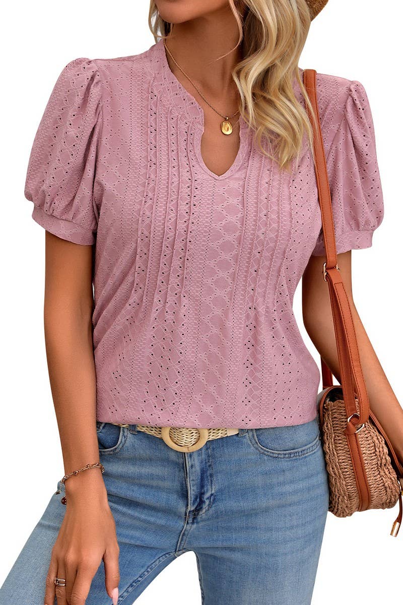 CWTBLS0794_SOLID COLOR V NECK LOOSE SHORT SLEEVED TOP