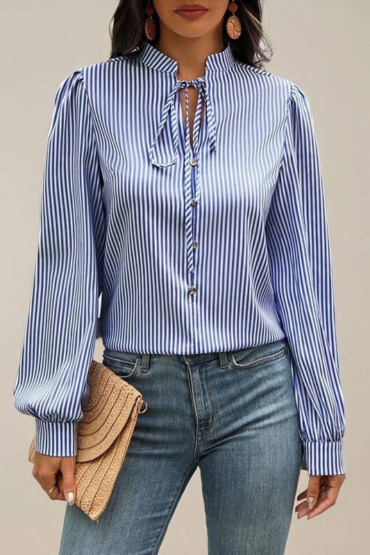 CWTBLL01287_HALF-OPEN COLLAR TIE LONG-SLEEVED STRIPED SHIRT