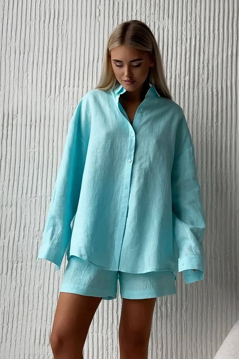 CWSTB00383_COTTON CARDIGAN LONG SLEEVE SHORTS SET
