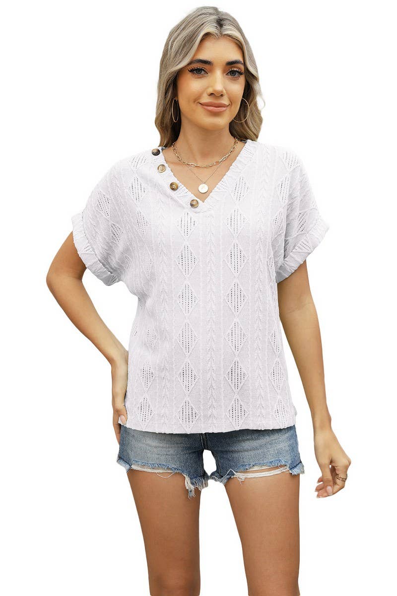 CWTBLS1704_V-NECK JACQUARD BUTTON SHORT-SLEEVED HOLLOW TOP