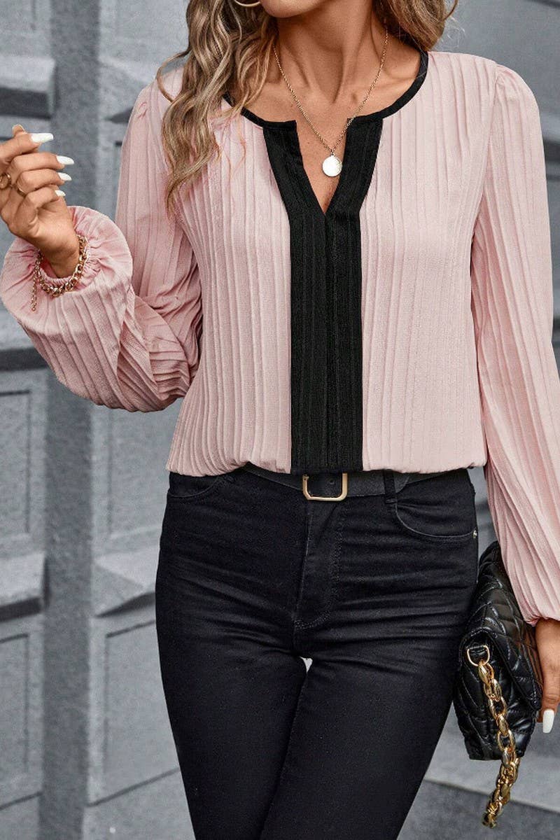 CWTBLL4007_COLORBLOCK V-NECK PUFF SLEEVE LONG SLEEVE SHIRT