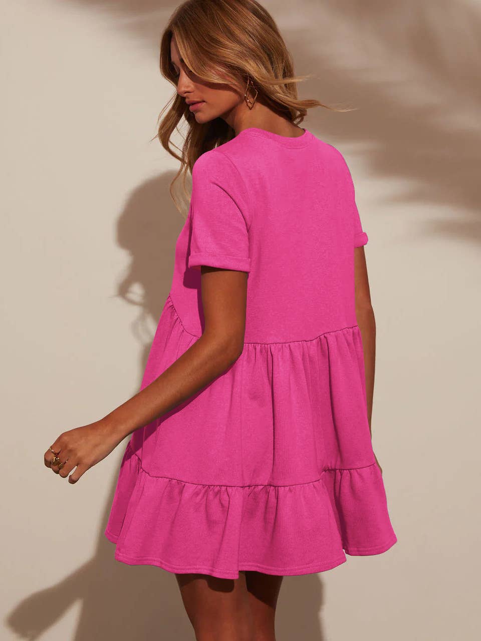 Casual round neck short sleeve pleated dress