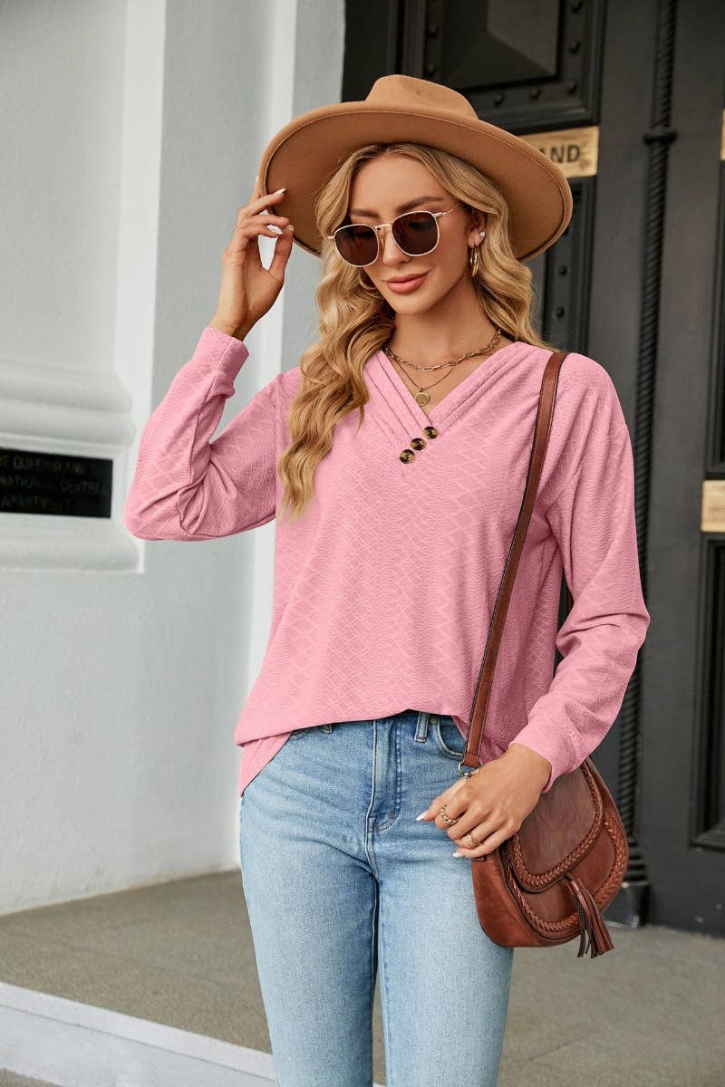 CWTBLL2802_FALL V-NECK BUTTON-UP LONG-SLEEVED TOP