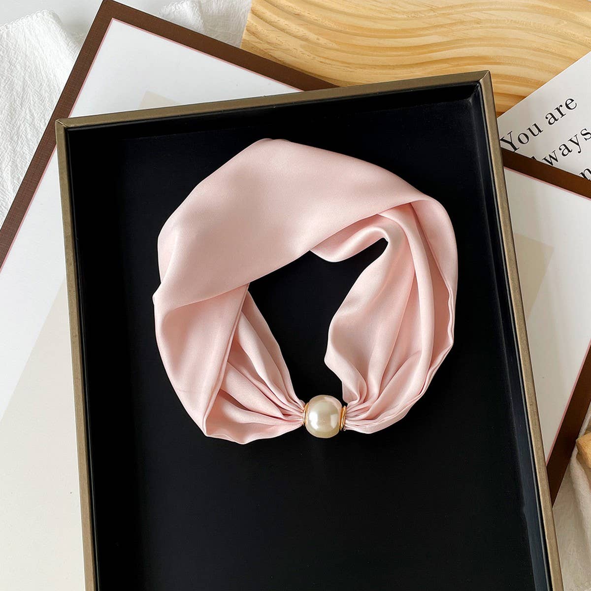 Silky Print Scarf Necklace ? Pearl Magnetic Clasp