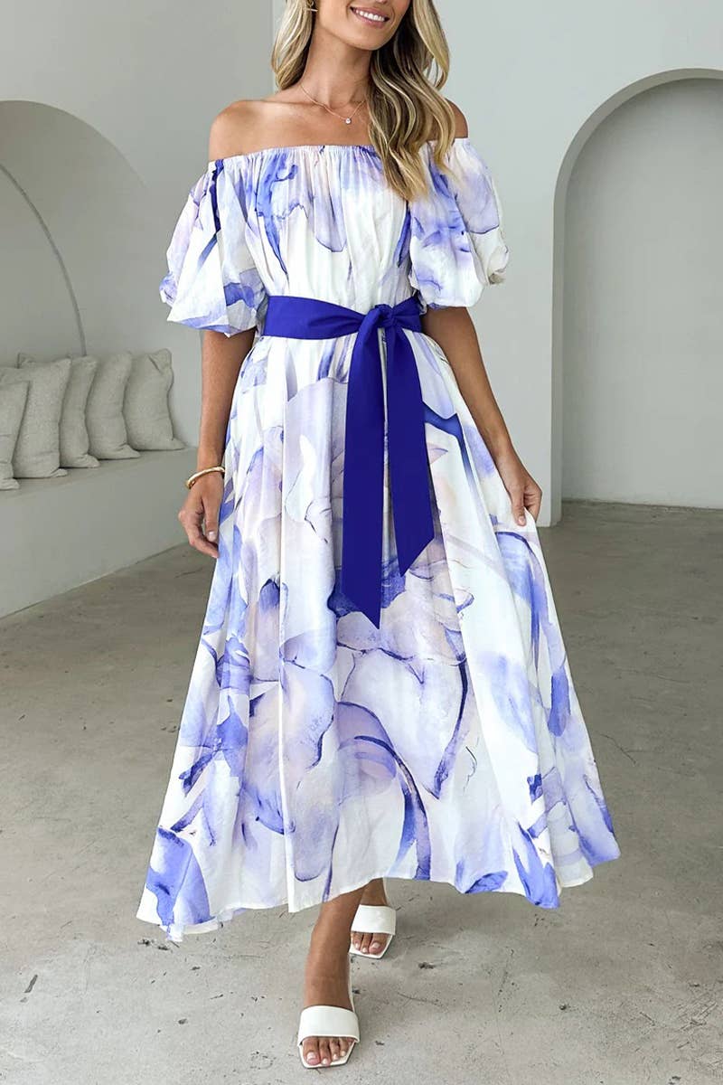 CWDMD5899_ELEGANT OFF-SHOULDER WAISTED PUFF SLEEVE DRESS