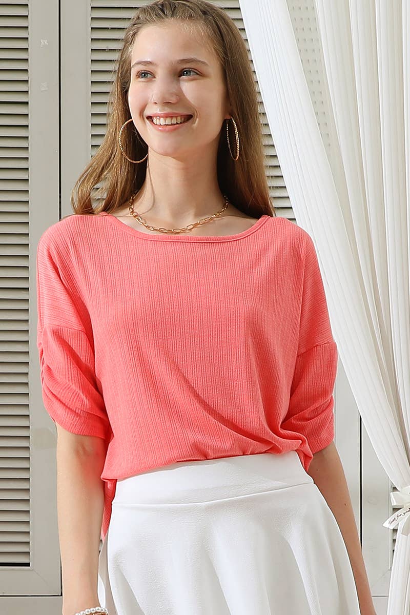 CWTTS683_ROUND NECK SHIRRING SLEEVE POINTEELE RIB TEE TOP