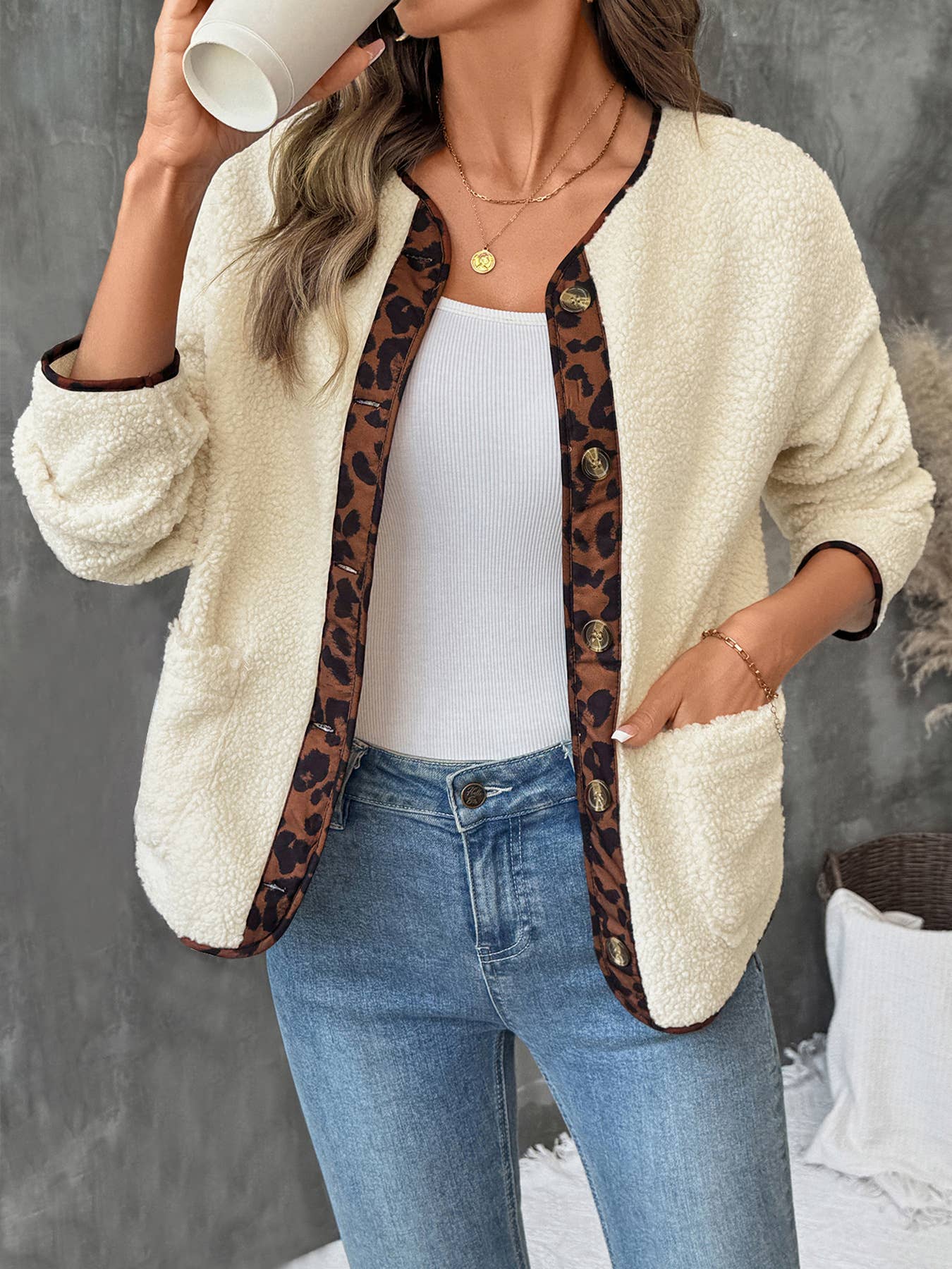 Casual polar fleece leopard print color cardigan