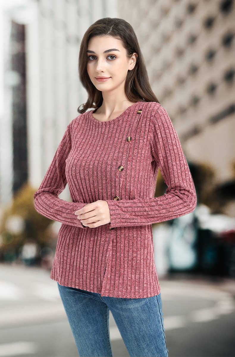 CREW-NECK SOLID COLOR PIT STRIPE BUTTON KNIT