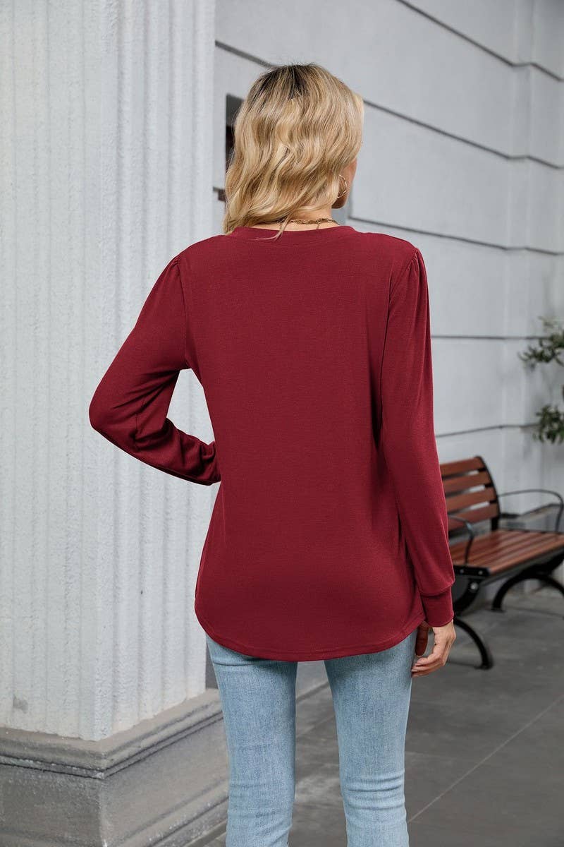 CWTBLL01306_V NECK RIBBED SOLID LONG SLEEVE CASUAL TEE