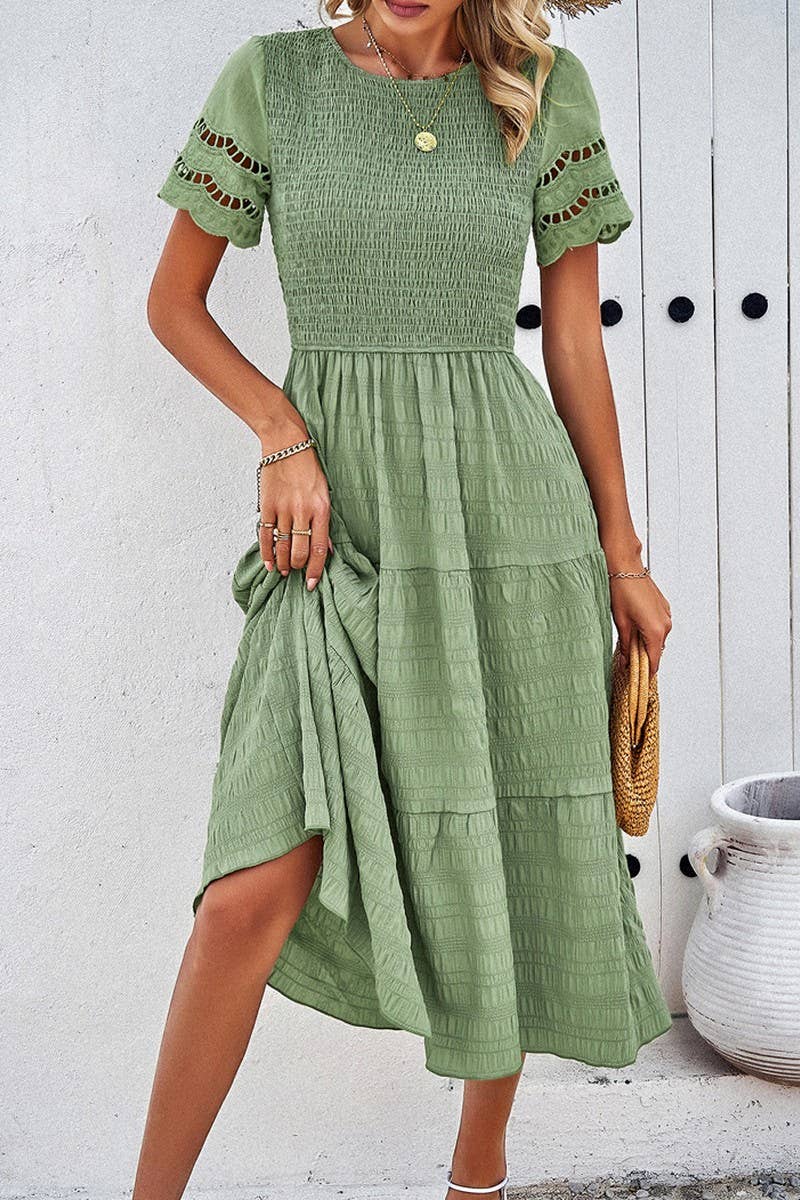 CWDSD2795_Smocking Detailed Short Sleeve Dress