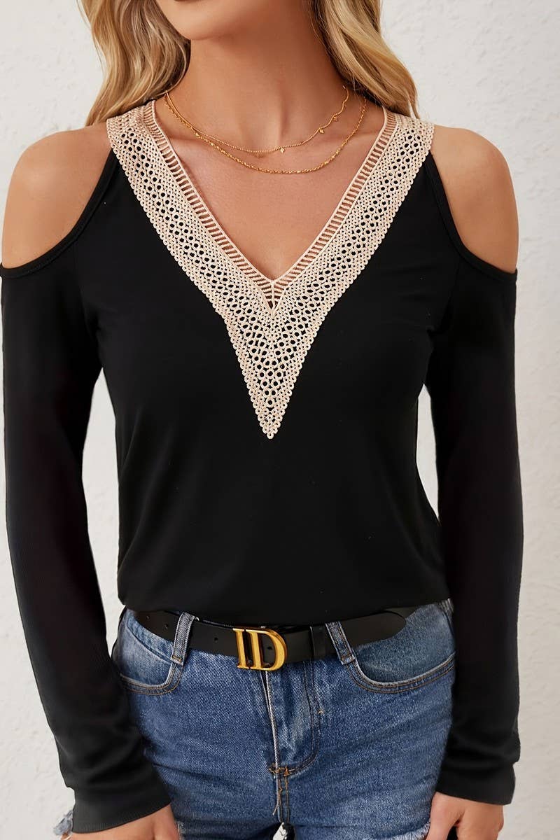 CWTBLL3560_LACE V-NECK OFF-SHOULDER LONG-SLEEVED T-SHIRT TOP