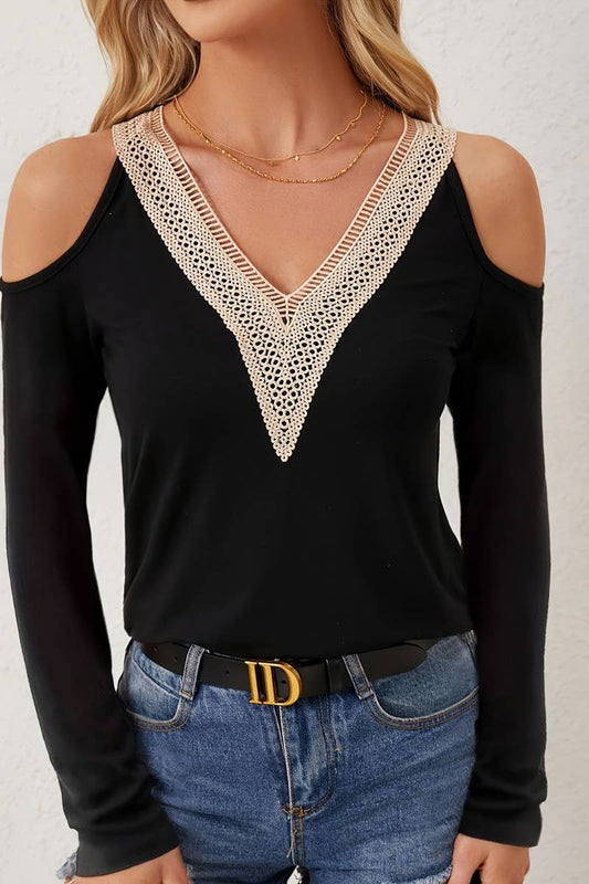 CWTBLL3560_LACE V-NECK OFF-SHOULDER LONG-SLEEVED T-SHIRT TOP