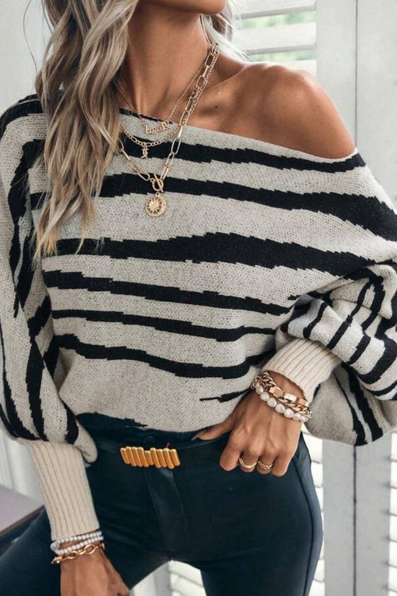 CWOSWL07306_LOOSE ZEBRA COLORBLOCK OFF-SHOULDER BATWING TOP